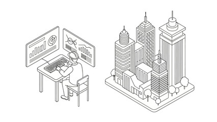 Obraz premium Isometric Engineer Analyzing Smart City Data and Urban Infrastructure on Monitors, Line Art Vector Illustration