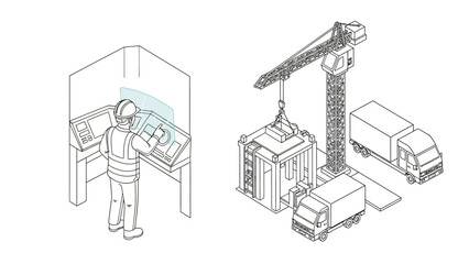Fototapeta premium Isometric Smart Construction Technology Concept with Remote Operator Controlling Site via Holographic HUD Interface and Heavy Machinery