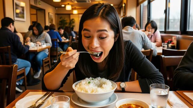Enjoying a Delicious Meal: A woman savors a hearty bowl of rice in a bustling restaurant, surrounded by the aromas and ambiance of a shared dining experience.