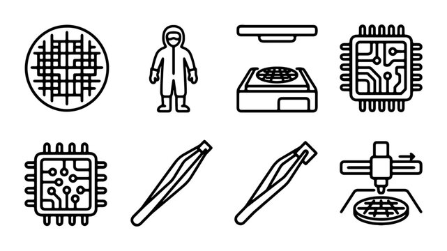 Semiconductor Manufacturing Icons: Microchip, Wafer, Cleanroom Suit, Tweezers, Lithography Machine