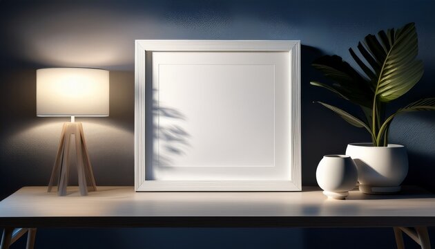 a mockup minimalist white square picture frame placed in a living room at night the room is illuminated by the soft glow of table lamps with shadows castin