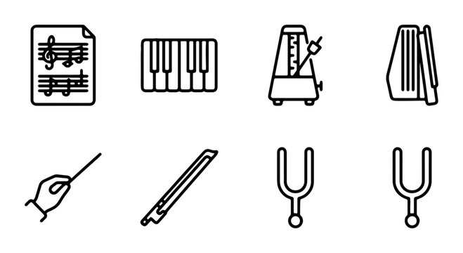 Musical Instruments Icons Set, Sheet Music, Piano Keys, Metronome, Accordion, Baton, Bow, Tuning Forks