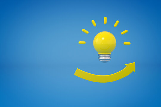 Glowing light bulb over a growth arrow like smile face, Modern light bulbs for idea concept 3d rendering 