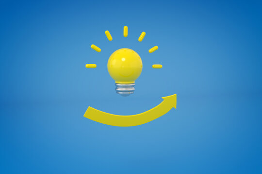 Glowing light bulb over a growth arrow like smile face, Modern light bulbs for idea concept 3d rendering 