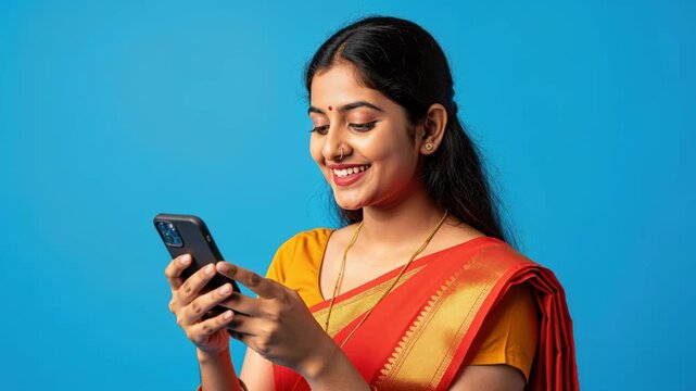 Indian Woman Smiling with Phone: A young Indian woman, adorned in a vibrant orange and yellow saree, smiles as she looks at her smartphone, her eyes reflecting joy and engagement.