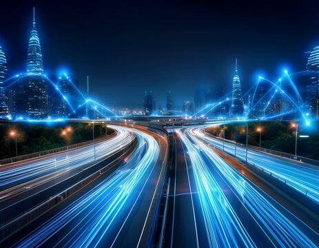 digital transportation network illuminated by neon blue depicting the seamless flow of futuristic mobility