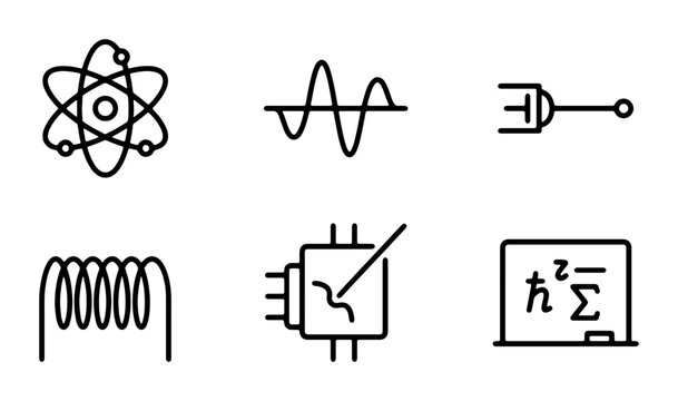 Science Icons Set: Atom, Waveform, Circuit, Coil, Chip, Physics Formula, Vector Graphics