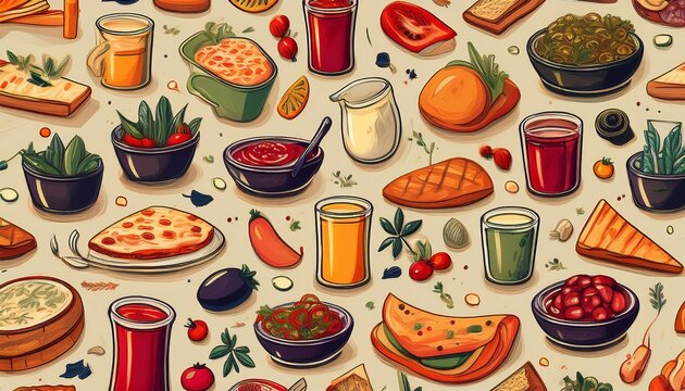 various food items and drinks are illustrated in a seamless pattern evoking a culinary theme