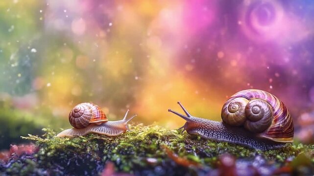 snails crawling on green moss in dreamy macro nature atmosphere relaxing animal video.