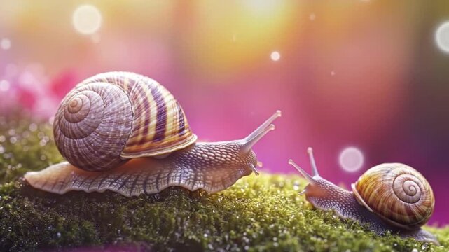 snails crawling on green moss in dreamy macro nature atmosphere relaxing animal video.