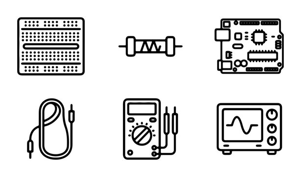 Electronics Components Set: Breadboard, Resistor, Microcontroller Board, Oscilloscope, Multimeter, Jumper Wires