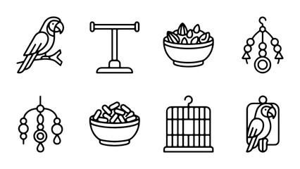 Parrot Bird Cage Accessories Vector Icons Set, Pet Supplies Collection, Tropical Bird Care Elements © Rashed