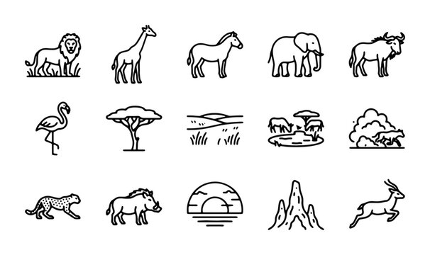 African Safari Icons: Wildlife, Landscape, and Nature Vector Set