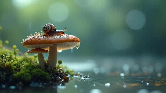 Fantasy mushroom forest with tiny snail and glowing water droplets cinematic nature video.