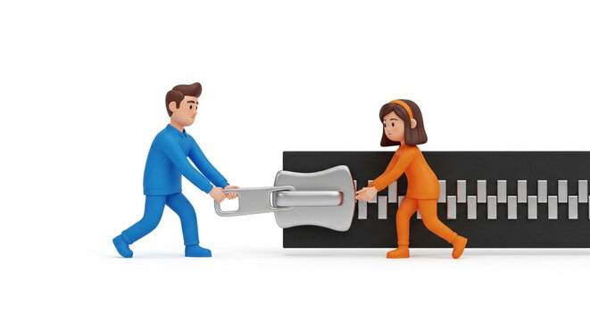 Two cartoon characters unzipping giant zipper together creatively.