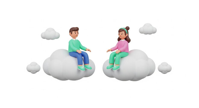 Two cartoon characters sitting on clouds in peaceful scene.