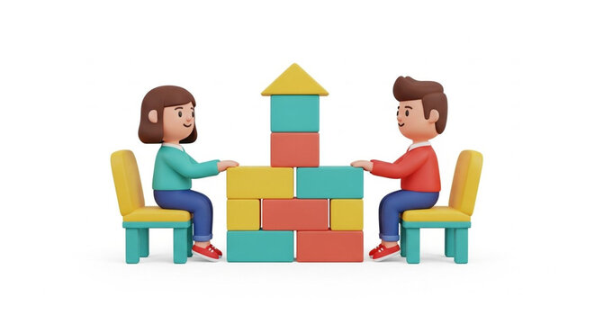 Two Children Playing Together With Colorful Building Blocks.