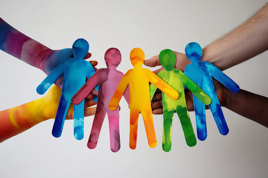 A group of people holding hands and wearing colorful clothes