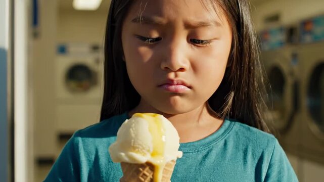 Upset child with small pout holding a melting vanilla ice cream cone near bright home laundry doorway, close portrait, warm sunlight, disappointed expression, simple everyday childhood summer moment