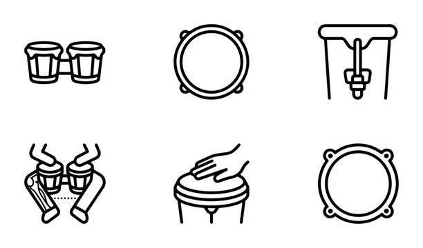 Percussion Drum Icons Set: Bongo, Conga, Djembe, Tambourine, Hand Drum, Musical Instruments Vector Graphics