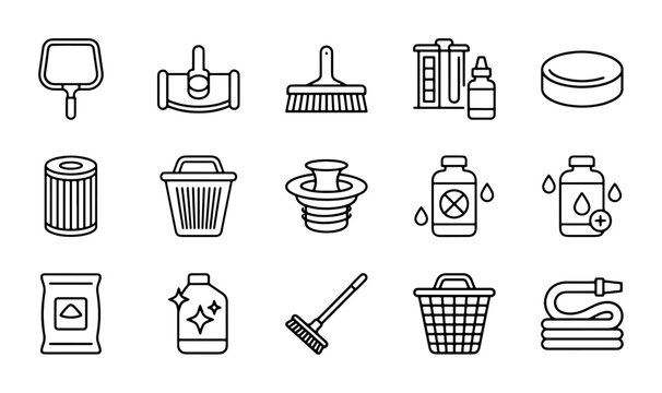Pool Maintenance Icons Set: Cleaning Tools, Chemicals, Filters, and Accessories for Pool Care