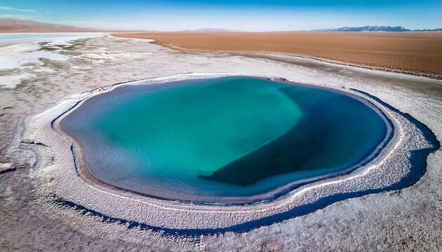 aerial view of ojo de aguawater pool in salinas granes salt desert argentina