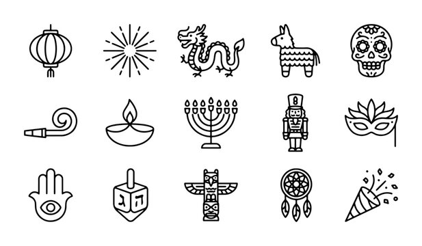 Cultural Celebration Icons Set: Lantern, Dragon, Pinata, Skull, Menorah, Nutcracker, Dreamcatcher, Confetti