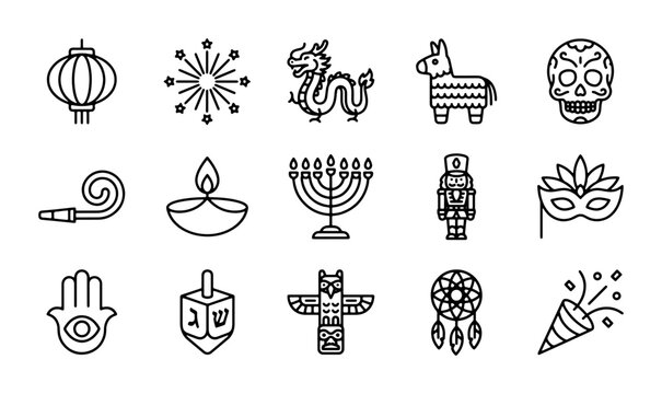 Cultural Celebration Icons: Lantern, Dragon, Pinata, Menorah, Skull, Totem, Dreamcatcher