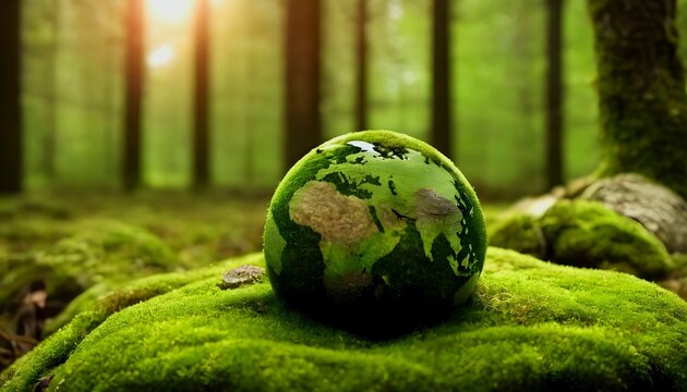 Crystal globe glass on green moss in forest to protect nature Save and care World for sustainable. concept of the environment ecology and Earth Day created with generative ai