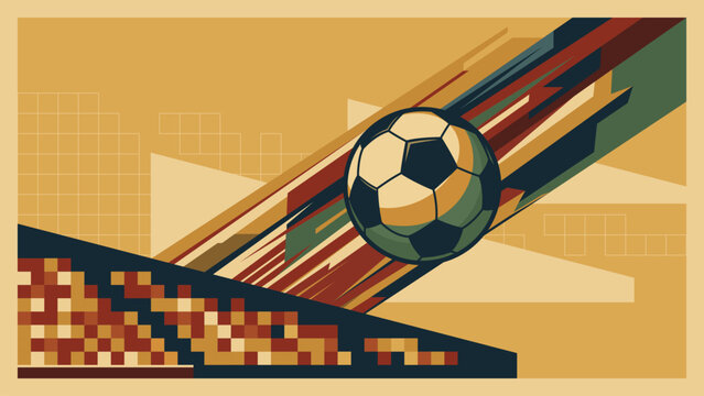 Abstract geometric shooting soccer ball from the stadium with yellow background retro style have blank space.