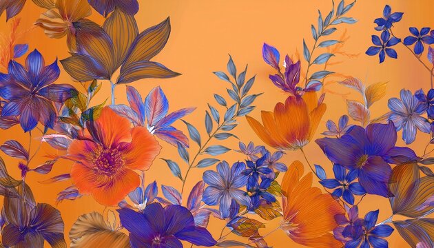digital floral collage on warm yellow orange backgrond hand drawn effect withviolet blue and orange fowers and leaves expressie and artistic suitable fr creative decor and moder design