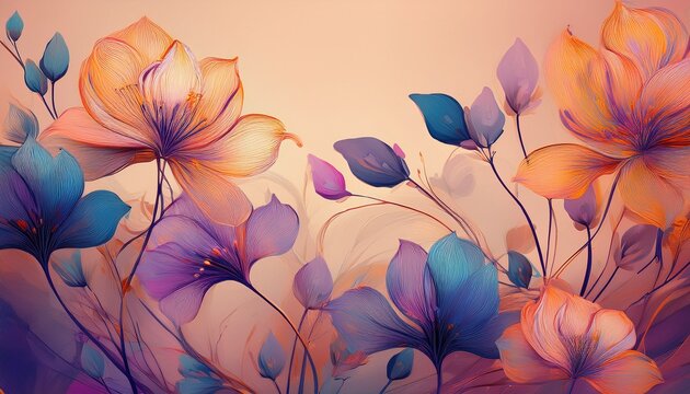 digital artistic flowers o a soft peach background old edit with violet orane and blue hues modern btanical style minimal anddecorative