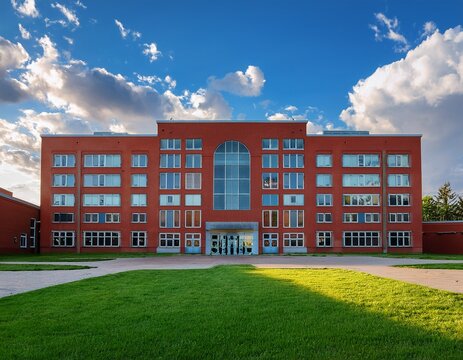 exterior of a modern red bick high school building wth large windows and a gren grass lawn in front in he background is a blue sk with white clouds