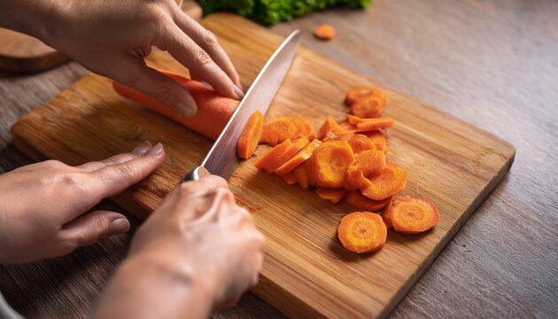 hands chopping fresh carrots on wooden board in kitchen suitable for cooking classes and healthy meal prep industries