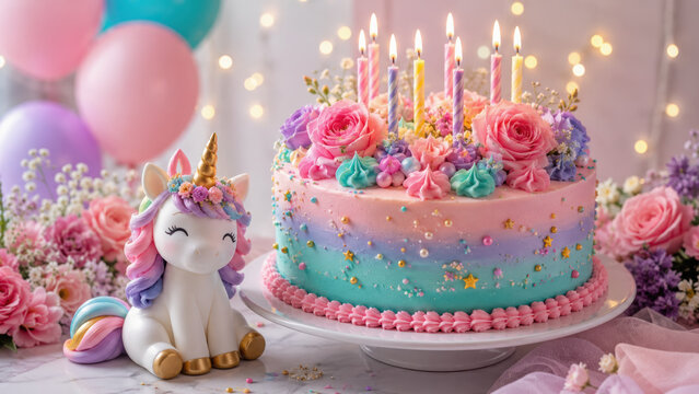 Pastel cake unicorn birthday candle celebration party pink blue rainbow frosting sprinkle cute fantasy decoration flower rose blossom bouquet