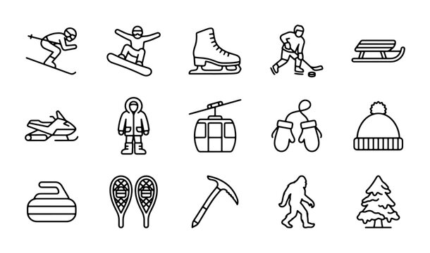 Winter Sports Icons Set, Snowboarding, Skiing, Hockey, Ice Skating, Snowmobile, Bigfoot