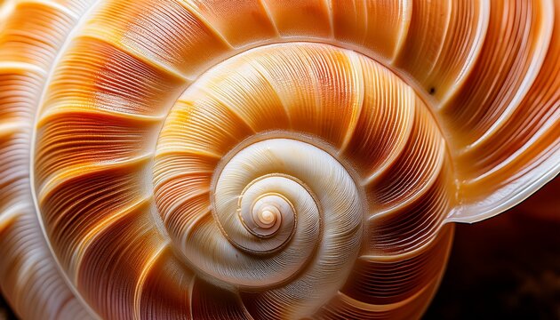 macro photograph of a spirl shaped sea shell with inricate natural ridges and arm beige orange tones clse up of spiral sea shell exture with natural patter