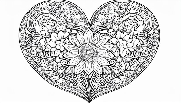 intricate floral heart design for adult coloring pages with affirmations isolated on white background