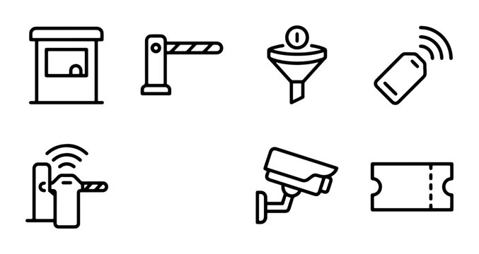 Security Gate Icons: Barrier, Booth, Camera, Ticket, Tag, Funnel, Access Control Systems