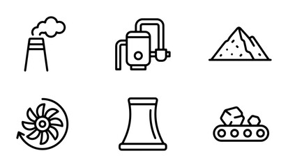Industrial Icons Set: Factory, Boiler, Coal Pile, Fan, Cooling Tower, Conveyor Belt © Ashikur