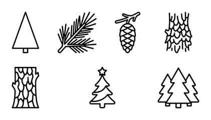 Forest Icons Set: Pine Tree, Fir Branch, Cone, Bark Textures, Christmas Tree, Woodland Elements © Ashikur