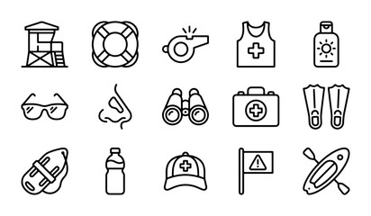 Lifeguard Icons Set, Beach Safety Equipment Vector Graphics, Summer Rescue Symbols © Rifat