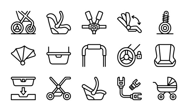 Baby Stroller and Car Seat Icons Set: Essential Travel Gear, Safety Features, and Accessories