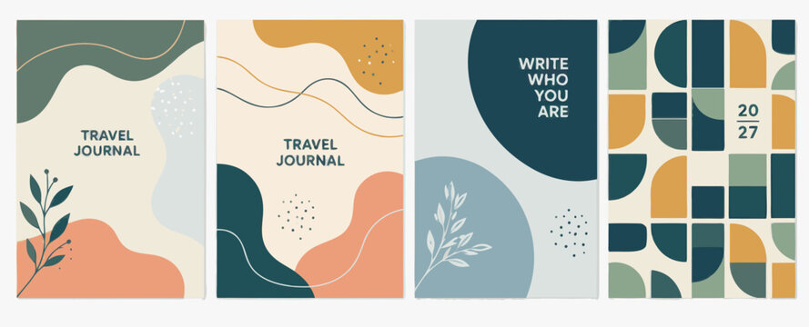 Abstract organic shapes and botanical illustrations on covers with text for journals and planners