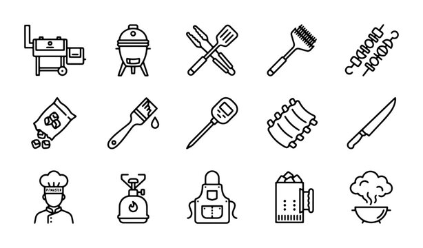 BBQ Grill Icons Set, Barbecue Tools Collection, Cooking Equipment Vector Graphics, Food Preparation