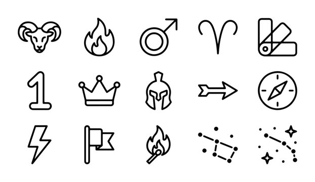 Aries Zodiac Sign, Fire Element, and Astrology Icons: Vector Set for Cosmic Concepts