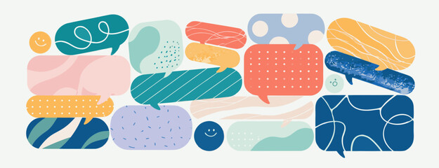 Speech bubbles and a whale illustration with whimsical patterns and soft colors for conversation concepts © Mim Studio