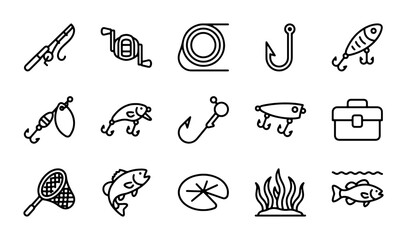 Fishing Icons Set: Rods, Reels, Lures, Hooks, Nets, Fish, Tackle Box Vector Graphics © Sohan