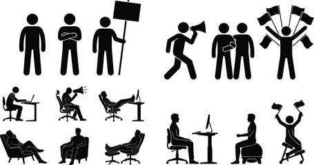 Obraz premium Black silhouette illustration of diverse people engaged in activism, protest, office work, and creative communication activities highlighting teamwork, unity, and expression