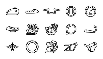 Motorcycle Parts Icons, Vintage Bike Components Set, Retro Custom Vehicle Elements © Murad